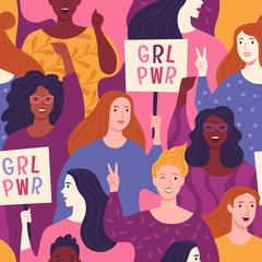 Girl Power pattern. Vector seamless pattern of diverse multinational women's crowd with placards in trendy flat style and colors.