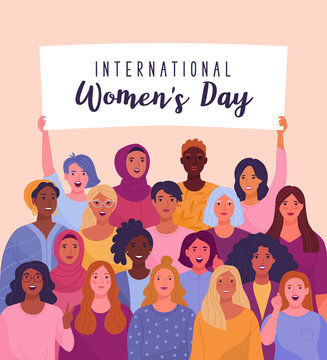 B International Women's Day. Vector illustration of diverse cartoon women standing together and holding a placard over their heads. Isolated on background.
