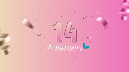 14th anniversary. Gradient pink and yellow Numbers with sparkling confetti. Modern elegant gradient background design vector EPS 10. For wedding party or company event decoration.
