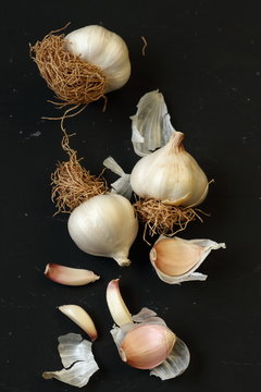 garlic, organic natural garlic on a black background