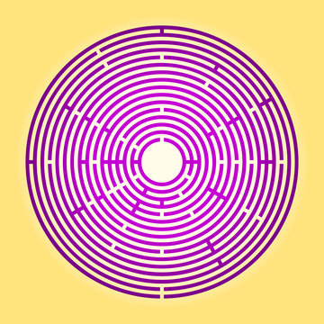 Colored large circular maze. Big purple radial labyrinth over yellow background. Find a route to the centre, follow the path from the entrance to the goal. Illustration. Vector.