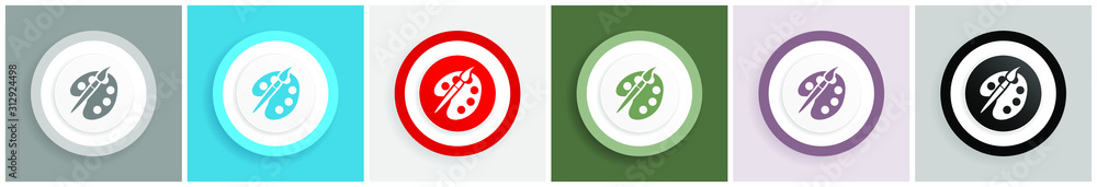 Poster paint brush icon, palette, art vector illustrations in 6 colors options for web design and mobile ap