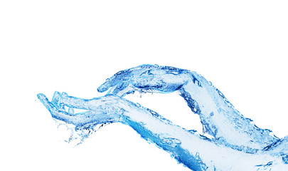 Two hands made of water touching on white - obrazy, fototapety, plakaty