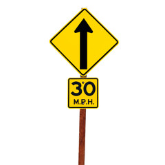 Road arrow sign with 20 mph speed limit on white