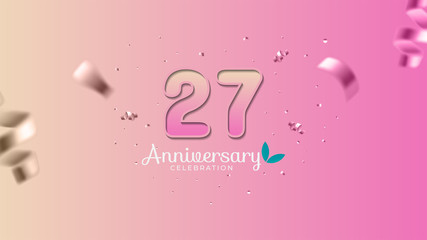 27th anniversary. Gradient pink and yellow Numbers with sparkling confetti. Modern elegant gradient background design vector EPS 10. For wedding party or company event decoration.