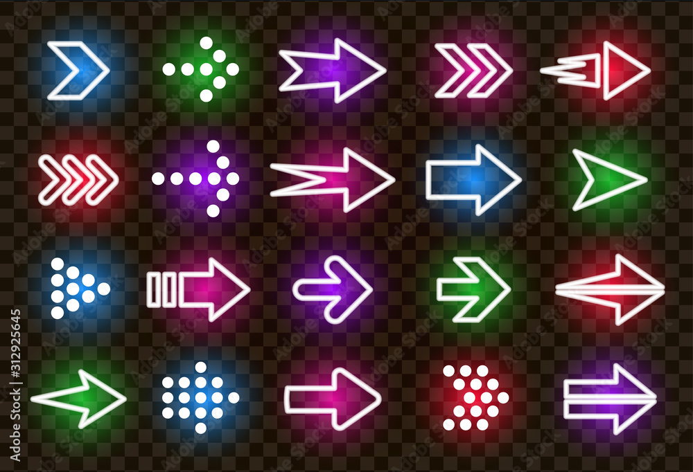 Poster neon right arrows colorful vector icons set. realistic glowing pointers on transparent background. l