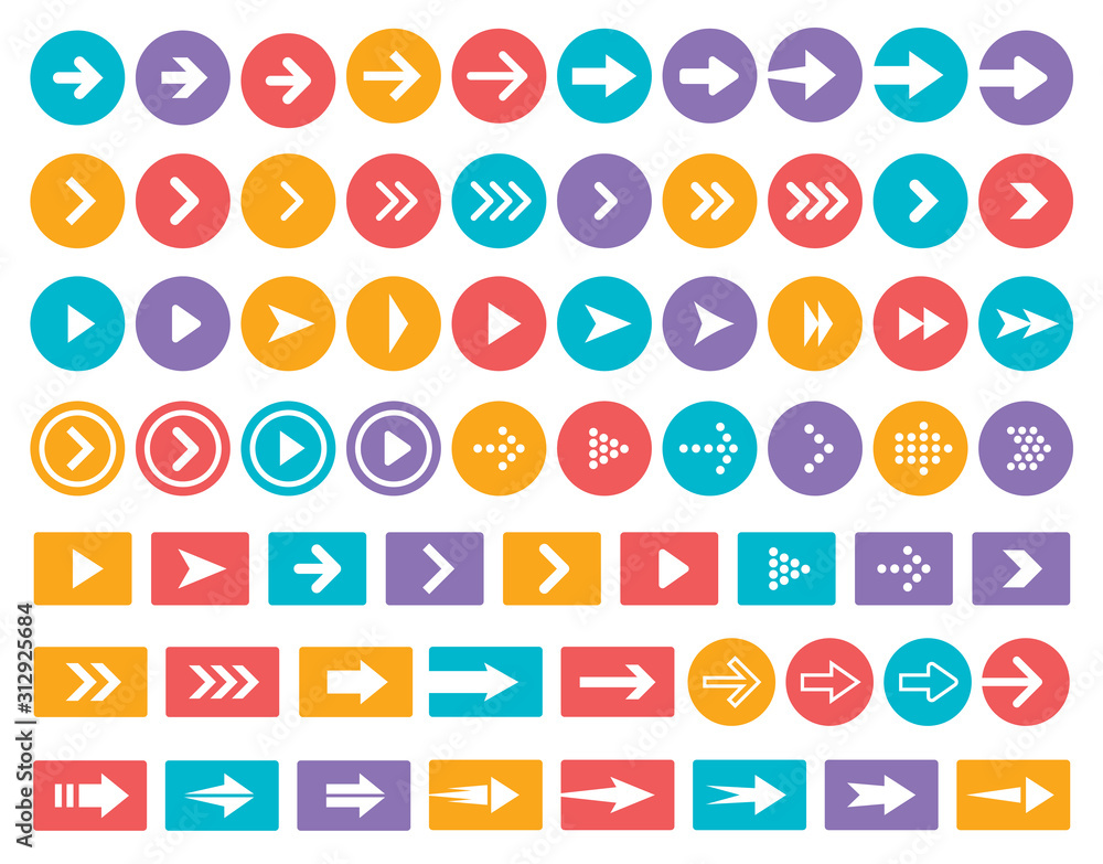 Poster Arrows color vector icon set. Arrow in circle and rectangle isolated symbols pack. Next, forward, previous buttons colorful signs bundle. Cursors pictograms collection, material icons.