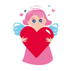 Funny little cupid angel with heart. Illustration of a Valentine's Day in a cartoon style. Amur baby angel. Cute funny cupid little god eros greece kids, romantic. Angel cupid love amur. Vector Eps. 8