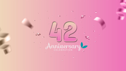 42nd anniversary. Gradient pink and yellow Numbers with sparkling confetti. Modern elegant gradient background design vector EPS 10. For wedding party or company event decoration.