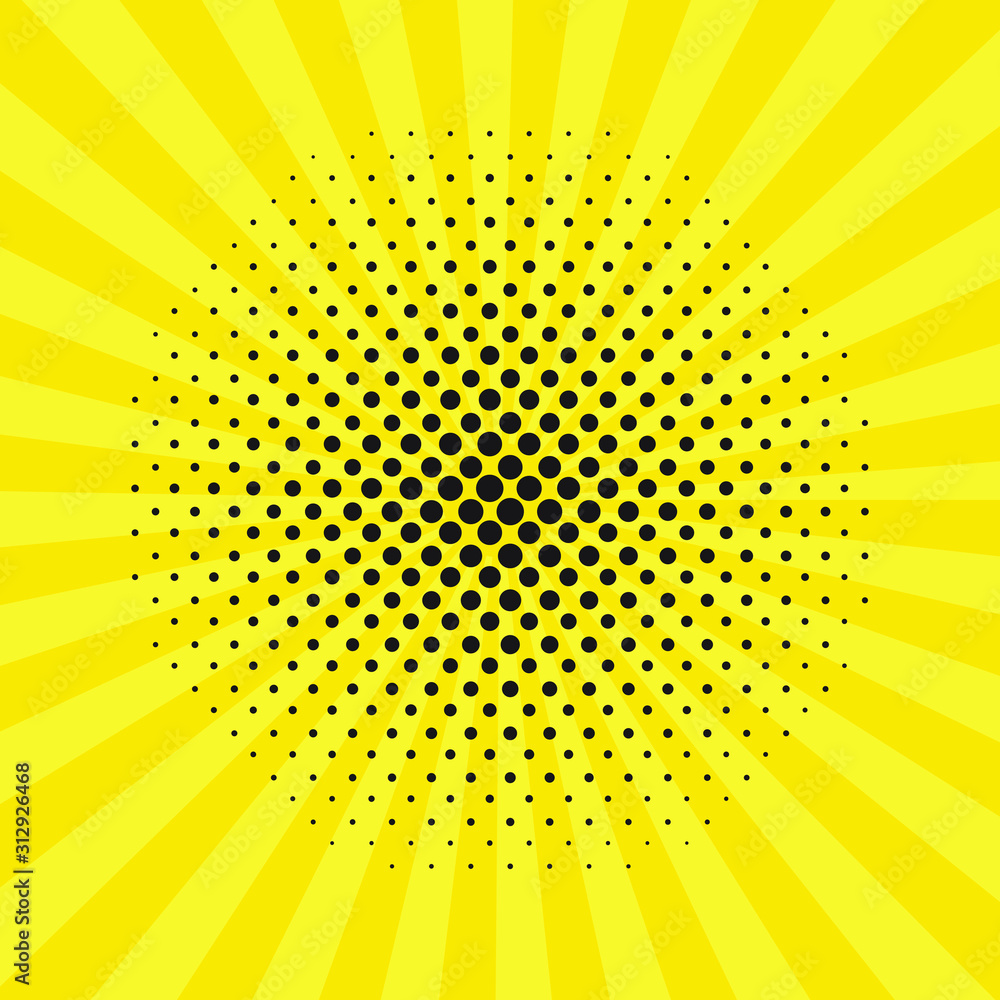 Poster bright sunbeams background with black dots. abstract background with halftone dots design. vector il