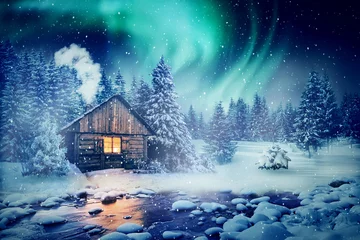 Fotobehang Blauwe jeans Winter landscape, wooden house under Northern Lights sky  © hbrh