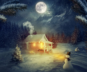 Winter Christmas scene, raster art illustration