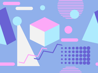 Geometric seamless pattern in 80s memphis style. Trend colors. Vector illustration