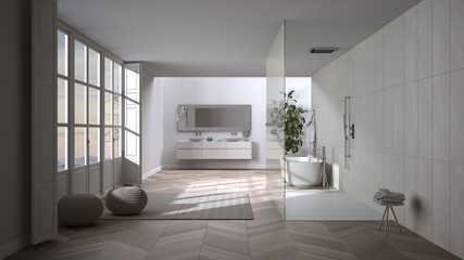 Fototapeta na wymiar Spacious bathroom in beige tones with parquet floors, panoramic window, walk-in shower and freestanding tub, carpet with poufs, double sink, potted plant, minimalist interior design
