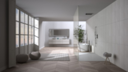 Naklejka na ściany i meble Blur background interior design: spacious bathroom with parquet floors, panoramic window, walk-in shower and freestanding tub, carpet with poufs, double sink
