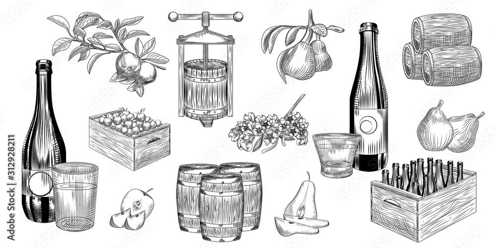 Wall mural set of pear and apple cider. harvest pears, apples, press, barrel, glass and cider bottle.