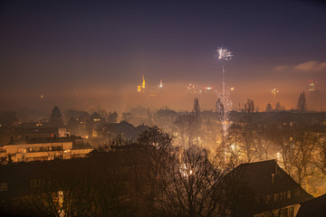 Frankfurt Skyline at New Years Eve with Fireworks