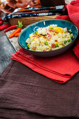 Cantonese fried basmati rice with ham and eggs
