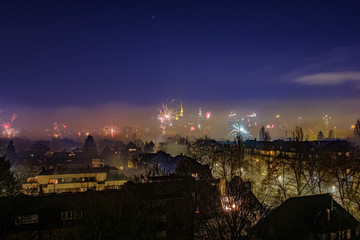 Frankfurt Skyline at New Years Eve with Fireworks