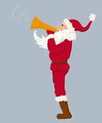 Santa Claus standing in profile, holding yellow megaphone hand and speaking into it.