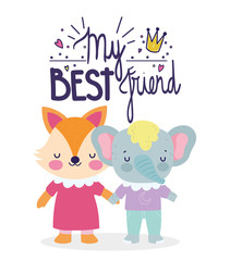 best friends card cute fox and elephant cartoon card