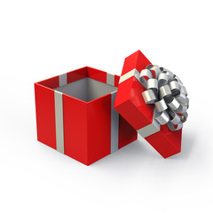 Open red gift box with silver ribbon bow isolated on white background. 3d rendering