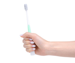 Toothbrush in hand hygiene on white background isolation