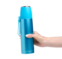 Blue metal thermos in hand on white background isolation