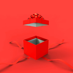Open red gift box with silver ribbon bow isolated on red background. 3d rendering