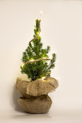 Beautiful little christmas tree with garland on a white background.
