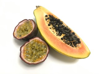 Creative layout of fruits. Papaya and passion fruit on a white background. Exotic fruits