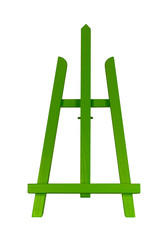 Empty wooden easel isolated on white background. Green color, front view.