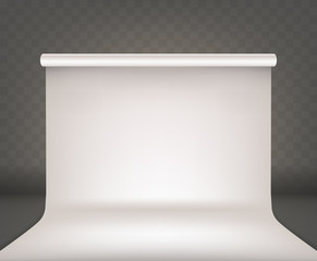 Photo studio empty interior with white blank background realistic vector. Professional photo equipment cyclorama, isolated on transparent background