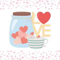 happy valentines day coffee cup and jar glass hearts love card
