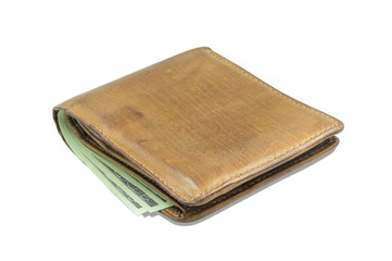 Close-up of Wallet short brown genuine leather texture with banknotes inside isolated on white background.  Male purse with clipping path.