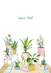 Fototapeta na wymiar Warecolor banner with house plants in pots. Hand painted decorative greenery collection for greeting card, poster. Illustration for plant lady.