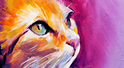 Illustration in oil paint of a cat in profile with big blue-light and green eyes on pink background, vivid colors - obrazy, fototapety, plakaty