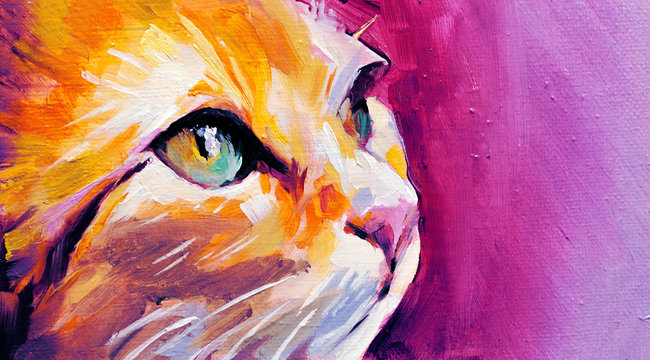 Illustration in oil paint of a cat in profile with big blue-light and green eyes on pink background, vivid colors