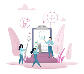 The concept of dentistry and dental prosthetics, a tiny person puts a dental implant. Vector illustration in cartoon style.