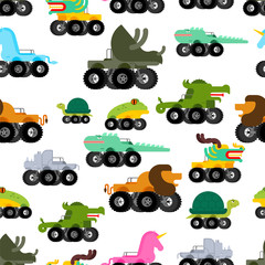 Monster Truck animal pattern seamless. Cartoon car beast on big wheels. Baby fabric ornament. vector background © maryvalery