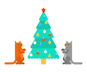 Christmas tree hypnotized cat. Eyes were spiraling. vector illustration 