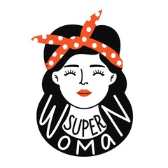 Vector illustration with young girl in red headband and lettering words. Super woman.