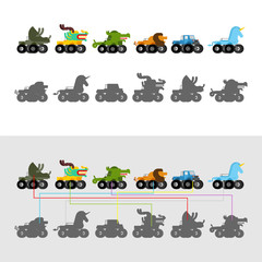 Find correct shadow. Monster Truck animal. Cartoon car beast on big wheels. kids game vector illustration © maryvalery