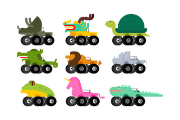 Monster Truck animal set. Cartoon car beast on big wheels. vector illustration © maryvalery