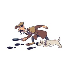 Mature male detective with dog following on track isolated on white. Man cartoon character looking on trace using magnifying glass doggy hunting by footprints vector graphic illustration - obrazy, fototapety, plakaty