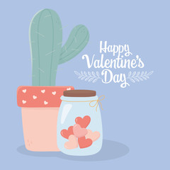 happy valentines day potted cactus and jar glass hearts love