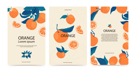 Set frame of oranges on branches with copy space in flat style. Template with citrus fruits for your brochure design, banner, labels. Vector stock illustration
