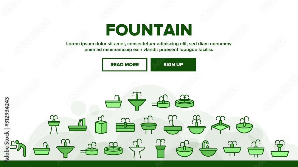 Poster drinking fountain landing web page header banner template vector. different type of decorative publi