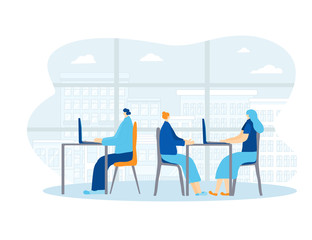 People siting at the desk. Vector design.