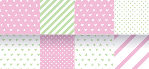 Set of pink, green seamless patterns with hearts, stripes and polka dot. Delicate pastel colors. Vector